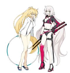 Rule 34 | 2girls, bikini, black-framed eyewear, black bikini, black footwear, black gloves, black jacket, blonde hair, blue footwear, breasts, cleavage, closed eyes, commentary request, cropped jacket, fate/grand order, fate (series), full body, glasses, gloves, grey hair, grin, hand on own hip, high heels, highres, hoop, hula hoop, jacket, jeanne d&#039;arc (fate), jeanne d&#039;arc (swimsuit archer) (fate), jeanne d&#039;arc (swimsuit archer) (second ascension) (fate), jeanne d&#039;arc alter (fate), jeanne d&#039;arc alter (swimsuit berserker) (fate), katana, korean commentary, kumtlekumtle, long hair, looking at viewer, medium breasts, multiple girls, navel, one-piece swimsuit, open clothes, open jacket, pale skin, ponytail, red thighhighs, sandals, sheath, sheathed, simple background, single thighhigh, smile, stomach, swimsuit, sword, teeth, thighhighs, toes, very long hair, weapon, white background, white one-piece swimsuit, yellow eyes
