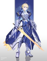 Rule 34 | 1girl, absurdres, adapted costume, ahoge, armor, armored dress, artoria pendragon (all), artoria pendragon (fate), bad id, bad twitter id, blonde hair, blue ribbon, caliburn (fate), fate/stay night, fate (series), gauntlets, green eyes, hair bun, hair ribbon, highres, holding, holding sword, holding weapon, ribbon, saber (fate), science fiction, single hair bun, sohn woohyoung, solo, sword, weapon