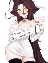 Rule 34 | 1girl, :3, absurdres, ahoge, bandaged arm, bandages, bandaid, bare shoulders, black choker, black nails, black thighhighs, blush, breasts, brown eyes, brown hair, choker, cleavage, collarbone, contrapposto, cowboy shot, dress shirt, english text, fang, finger heart, hair between eyes, hair flaps, heart, heart-shaped pupils, heart ahoge, heart choker, highres, holding, holding sign, huge ahoge, large breasts, long hair, looking at viewer, messy hair, off-shoulder shirt, off shoulder, open mouth, original, pointing, shirt, sign, simple background, skin fang, skindentation, sky above me, smile, solo, symbol-shaped pupils, thighhighs, very long hair, white background, white shirt, yellow eyes, zettai ryouiki
