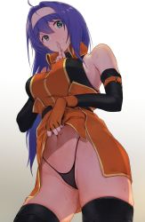 Rule 34 | 1girl, armpits, belt, black thighhighs, blue hair, blush, breasts, clothes lift, cowboy shot, detached sleeves, finger to mouth, fingerless gloves, fire emblem, fire emblem: path of radiance, gloves, green eyes, hairband, headband, highres, index finger raised, lifted by self, long hair, looking at viewer, looking down, medium breasts, messatsu tan, mia (fire emblem), navel, nintendo, panties, self exposure, shushing, skindentation, skirt, skirt lift, smile, solo, standing, thighhighs, underwear, white hairband, white headband, zettai ryouiki
