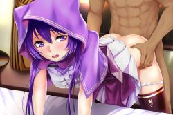 Rule 34 | 1boy, 1girl, :o, artist request, ass, blush, clothed female nude male, clothed sex, doggystyle, flower knight girl, frills, game cg, hetero, hood, leaning forward, long hair, looking back, nude, official art, open mouth, panties, panty pull, purple eyes, purple hair, purple tulip (flower knight girl), sex, sex from behind, shirt, skirt, solo focus, thighhighs, underwear, vaginal, waist grab, white panties, white skirt