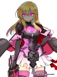 Rule 34 | 1girl, armor, black gloves, blonde hair, cape, dress, elbow gloves, evil eyes, fire emblem, fire emblem: genealogy of the holy war, fire emblem heroes, gloves, hair between eyes, hand on own hip, holding, holding sword, holding weapon, lachesis (fire emblem), long hair, looking at viewer, nintendo, official alternate costume, pink eyes, shoulder armor, sidelocks, simple background, skirt, solo, sword, torn clothes, weapon, white background, yukia (firstaid0)
