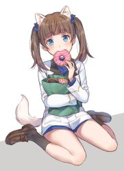 Rule 34 | 1girl, animal ears, bag, black socks, blue bow, blue eyes, blue shirt, blunt bangs, bow, brave witches, brown footwear, brown hair, commentary, dog ears, dog tail, doughnut, dress shirt, eating, food, food in mouth, georgette lemare, grey background, hair bow, holding, holding food, loafers, long sleeves, looking at viewer, military, military uniform, paper bag, shirt, shoes, sitting, socks, solo, tail, totonii (totogoya), twintails, uniform, wariza, white background, world witches series
