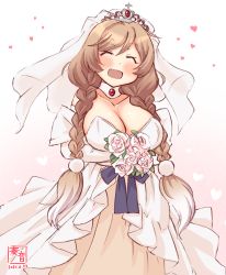 Rule 34 | 1girl, alternate costume, artist logo, bouquet, braid, breasts, bridal veil, choker, cleavage, commentary request, cowboy shot, dated, dress, closed eyes, flower, gradient hair, highres, kanon (kurogane knights), kantai collection, large breasts, light brown hair, long hair, minegumo (kancolle), multicolored hair, one-hour drawing challenge, open mouth, pom pom (clothes), simple background, smile, solo, tiara, twin braids, veil, wedding dress, white background, white dress