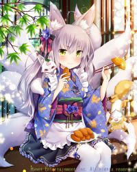 Rule 34 | 1girl, @ @, ahoge, animal ears, blush, chopsticks, closed mouth, falkyrie no monshou, food, fox ears, fox tail, green eyes, grey hair, holding, holding chopsticks, looking at viewer, natsumekinoko, official art, plate, sitting, smile, solo, tail, thighhighs, white thighhighs