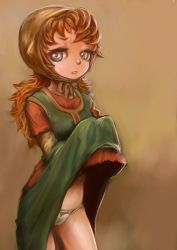 Rule 34 | 1girl, blue eyes, closed mouth, curly hair, dragon quest, dragon quest vii, dress, hood, long hair, looking at viewer, maribel (dq7), naoki (naoieo), panties, simple background, solo, underwear