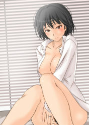 Rule 34 | 1girl, aged up, alternate breast size, amagami, ass, black hair, blush, bob cut, breasts, brown eyes, cleavage, dress shirt, engagement ring, face, jewelry, murasaki iro, nanasaki ai, no bra, open clothes, open shirt, ornate ring, ring, shirt, short hair, sitting, smile, solo, window, window blinds