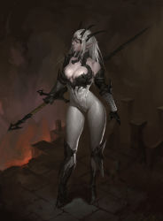 Rule 34 | 1girl, absurdres, bangku an, bodysuit, breasts, cleavage, concept art, high heels, highres, holding, holding weapon, horns, looking to the side, medium breasts, original, pointy ears, solo, standing, sword, weapon, white bodysuit, white hair