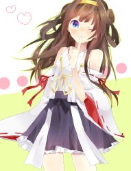Rule 34 | 10s, 1girl, ;), bad id, bad pixiv id, bare shoulders, blue eyes, blush, brown hair, detached sleeves, double bun, finger to mouth, hair ornament, hairband, headgear, heart, heart-shaped pupils, highres, japanese clothes, kantai collection, kongou (kancolle), kotatsu hoshii, long hair, nontraditional miko, one eye closed, personification, skirt, smile, solo, symbol-shaped pupils, wink