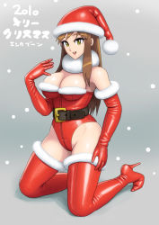 Rule 34 | 1girl, belt, boots, breasts, brown eyes, brown hair, character request, christmas, elbow gloves, enkaboots, fur trim, gloves, hat, high heel boots, high heels, kneeling, large breasts, leather, leotard, long hair, open mouth, original, santa costume, santa hat, shoes, solo, teleo, thigh boots, thighhighs