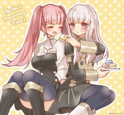 Rule 34 | 2girls, ^ ^, blue pantyhose, blue thighhighs, blunt bangs, boots, closed eyes, english text, fire emblem, fire emblem: three houses, food, garreg mach monastery uniform, hilda valentine goneril, holding, holding food, holding plate, long hair, long sleeves, lysithea von ordelia, macaron, multiple girls, nintendo, open mouth, pantyhose, pink eyes, pink hair, plate, short sleeves, sitting, sleeves rolled up, sui (aruko91), thighhighs, twintails, twitter username, uniform, white hair