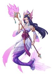 Rule 34 | 1girl, absurdres, bare shoulders, bow, bracelet, breasts, cleavage, closed mouth, collarbone, dress, hair ornament, hand up, highres, jewelry, large breasts, league of legends, long hair, mermaid, monster girl, nami (league of legends), red bow, simple background, smile, solo, splendid staff nami, third-party source, white background
