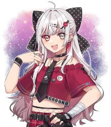 Rule 34 | 1girl, ahoge, black collar, black gloves, black necktie, blue hair, bow, collar, crop top, earrings, fingerless gloves, fishnets, gloves, gradient hair, grey eyes, grey hair, hair bow, hair ornament, hairclip, hand on own hip, heterochromia, highres, ishigami nozomi, ishigami nozomi (1st costume), jewelry, long hair, multicolored hair, necktie, nijisanji, off shoulder, pink eyes, pink hair, plaid, plaid skirt, polka dot, polka dot bow, red nails, red shirt, red skirt, shion (shionkun35), shirt, single glove, skirt, smile, solo, virtual youtuber