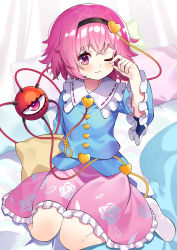 Rule 34 | 1girl, absurdres, blouse, blue shirt, closed mouth, commentary request, crossed bangs, hand up, highres, komeiji satori, looking at viewer, no shoes, one eye closed, pink eyes, pink hair, shirt, sitting, socks, solo, touhou, wariza, wavy mouth, yuujin (yuzinn333)