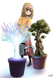 Rule 34 | 1girl, black footwear, blonde hair, blue eyes, blunt bangs, closed mouth, full body, hairband, highres, holding, holding watering can, koki ant, medium hair, orange shirt, plant, potted plant, red skirt, shingeki no kyojin, shirt, shoes, short sleeves, simple background, skirt, smile, solo, standing, watering, watering can, white background, ymir fritz