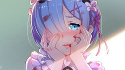 Rule 34 | 10s, 1girl, blood, blood on face, blood on clothes, blood in hair, blood on hands, blue eyes, blue hair, blush, hair ornament, hair over one eye, hands on own cheeks, hands on own face, head tilt, highres, looking at viewer, maid, maid headdress, matching hair/eyes, nose blush, parted lips, re:zero kara hajimeru isekai seikatsu, rem (re:zero), solo, tanotomoe, tongue, tongue out, upper body, x hair ornament, yandere trance