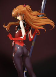 Rule 34 | 00s, 101 (lo10), 10s, 1girl, :o, ass, black background, bodysuit, breasts, dimples of venus, evangelion: 2.0 you can (not) advance, evangelion: 3.0 you can (not) redo, expressionless, floating hair, from side, gloves, glowing, glowing eyes, gradient background, green eyes, hair ornament, headgear, highres, holding, holding weapon, kneepits, light trail, long hair, looking at viewer, looking back, neon genesis evangelion, open mouth, orange hair, parted lips, pilot suit, plugsuit, polearm, profile, rebuild of evangelion, red gloves, simple background, skin tight, small breasts, solo, souryuu asuka langley, spear, standing, turtleneck, two side up, weapon, wind