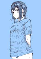 Rule 34 | 10s, 1girl, alternate costume, arms behind back, blue background, blue theme, bra, commentary request, female focus, fubuki (kancolle), kantai collection, kouji (campus life), looking at viewer, low ponytail, monochrome, panties, pantyshot, ponytail, see-through, shirt, short ponytail, short sleeves, simple background, sketch, solo, standing, t-shirt, underwear, water drop, wet, wet clothes, wet hair, wet shirt