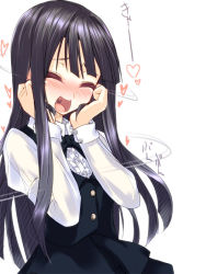 Rule 34 | 1girl, :d, ^ ^, black hair, blush, character request, closed eyes, closed eyes, frills, hands on own cheeks, hands on own face, heart, heart in mouth, kurokawa (silve), open mouth, school uniform, smile, solo