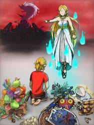 Rule 34 | 1boy, 1girl, arm at side, bare shoulders, barefoot, blonde hair, castle, clenched hand, commentary request, cosboc aogis, dress, faceless, faceless female, facing another, facing away, floating, food, fruit, full body, ganon, hand up, jewelry, link, long hair, mask, master sword, meat, mushroom, necklace, nintendo, outstretched arm, pointing, pointing to the side, pointy ears, ponytail, princess zelda, red sky, seiza, shirt, short hair, short sleeves, shorts, sidelocks, sitting, sky, soles, sparkle, strapless, strapless dress, sword, the legend of zelda, the legend of zelda: breath of the wild, the legend of zelda: majora&#039;s mask, toes, very long hair, watermelon, weapon