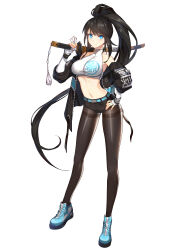 Rule 34 | 1girl, absurdres, armpits, bare shoulders, belt, black hair, black jacket, black shorts, blue eyes, blue footwear, breasts, brown pantyhose, closers, crop top, fingerless gloves, full body, gloves, hand on own hip, hand up, high ponytail, highres, holding, holding sword, holding weapon, jacket, katana, large breasts, long hair, long legs, long sleeves, looking at viewer, midriff, navel, off shoulder, official art, open clothes, open jacket, over shoulder, pantyhose, ponytail, puffy sleeves, sheath, sheathed, shirt, shoes, short shorts, shorts, sidelocks, sleeveless, sleeveless shirt, sleeveless turtleneck, smile, solo, stomach, sword, tachi-e, tassel, taut clothes, thighband pantyhose, turtleneck, v-shaped eyebrows, very long hair, weapon, weapon over shoulder, white background, white shirt, yuri seo