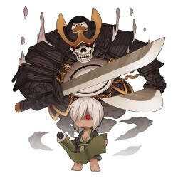 2boys armor barefoot black_armor black_kimono chain chibi chibi_only closed_mouth colored_sclera dual_wielding expressionless faulds full_body ghost ghost_tail hair_over_one_eye helmet holding holding_scroll incantation_samurai japanese_armor japanese_clothes kabuto_(helmet) katana kimono kote kurokote looking_at_viewer male_focus multiple_boys no_pupils official_art possessed possession ragnarok_online red_sclera samurai scroll simple_background skeleton smoke solo sword transparent_background undead weapon white_hair yuichirou