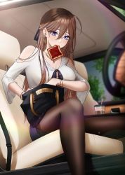 Rule 34 | bag, bag on lap, bare shoulders, black pantyhose, blouse, blue eyes, blush, bread slice, breasts, brown hair, bubble tea, car, cleavage, ear piercing, expulse, food, food in mouth, holding, holding bag, jewelry, long hair, miniskirt, motor vehicle, mouth hold, nana (kurisustinah), necklace, office lady, original, pantyhose, piercing, purple skirt, ribbon, shirt, sitting, skirt, solo, toast, toast in mouth, white shirt, wristband