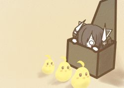 Rule 34 | 1girl, :3, august von parseval (azur lane), azur lane, black hair, black horns, box, chibi, curled horns, hair over one eye, horns, in box, in container, koti, manjuu (azur lane), simple background, solo, yellow background