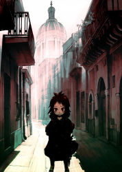 Rule 34 | 1girl, alley, balcony, black coat, black hair, black pantyhose, blush, building, city, closed mouth, coat, day, dome, empty eyes, frown, house, legs apart, looking at viewer, original, pantyhose, red eyes, road, saitou shunsuke, short hair, shun, solo, standing, street, sunlight, white background