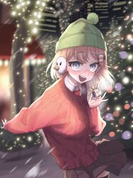 Rule 34 | 1girl, blonde hair, blue eyes, christmas, christmas lights, christmas ornaments, christmas tree, fur trim, gift, hair ornament, hat, highres, hololive, hololive english, looking at viewer, necktie, open mouth, short hair, smile, solo, string of light bulbs, sweater, virtual youtuber, watson amelia, zedd (zedgawr)