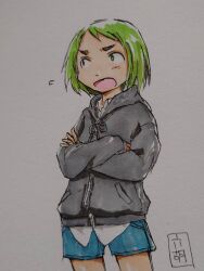 Rule 34 | 1girl, artist logo, blue shorts, commentary, crossed arms, denim, english commentary, green eyes, green hair, grey jacket, inktober, jacket, looking to the side, open mouth, original, roccolue, shirt, short hair, short shorts, shorts, simple background, solo, standing, traditional media, white background, white shirt