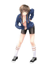 Rule 34 | 1girl, :3, absurdres, amane suzuha, arm behind back, bike shorts, black footwear, black shorts, blue jacket, blush, braid, breasts, breasts apart, brown hair, closed mouth, collarbone, contrapposto, foreshortening, fujisaki ribbon, full body, gluteal fold, green eyes, hair between eyes, hand on back, head tilt, highres, jacket, kneehighs, leaning forward, legs apart, long hair, long sleeves, looking at viewer, medium breasts, messy hair, narrowed eyes, navel, no bra, no shirt, partially unzipped, seductive smile, shoes, shorts, simple background, skindentation, sleeves past wrists, smile, smirk, sneakers, socks, solo, standing, steins;gate, striped clothes, striped socks, taut clothes, taut shorts, track jacket, twin braids, unzipping, white background, white socks
