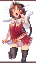 Rule 34 | 1girl, ahoge, animal ear fluff, animal ears, arm up, black thighhighs, blush, breasts, brown eyes, brown hair, buttons, cat ears, cat tail, chen, commentary request, earrings, foot out of frame, gold trim, hat, heart, highres, ibaraki natou, jewelry, long sleeves, looking at viewer, lower teeth only, mask, mask pull, midriff peek, miniskirt, mob cap, multiple tails, navel, nekomata, open mouth, panties, parted bangs, petticoat, red skirt, red vest, shiny skin, short hair, simple background, single earring, skirt, small breasts, solo, standing, standing on one leg, stomach, tail, teeth, thighhighs, tongue, touhou, two tails, underwear, upper teeth only, vest, white background, white panties, white sleeves, yellow neckwear