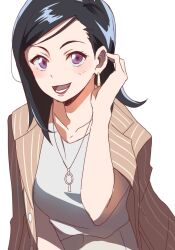 Rule 34 | 1girl, amano maya, black hair, brown jacket, collarbone, commentary request, eyelashes, highres, jacket, jewelry, looking at viewer, lower teeth only, medium hair, necklace, open clothes, open jacket, persona, persona 2, purple eyes, simple background, smile, solo, teeth, u-ka (pixiv5407), upper body, white background