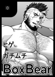 Rule 34 | 1boy, abs, artist name, bandaid, bandaid on cheek, bandaid on face, bara, beard, black hair, chest hair, cigar, cyphers, damian doyle (cyphers), facial hair, gomtang, greyscale, hairy, large pectorals, looking at viewer, male focus, mature male, mohawk, monochrome, muscular, muscular male, navel hair, nipples, nude, pectorals, short hair, solo, stomach, upper body