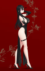 Rule 34 | 1girl, arm under breasts, ass, bare shoulders, black dress, black footwear, black gloves, blush, breasts, classy-black-haired girl (hayabusa), closed mouth, clothing cutout, commentary, dress, elbow gloves, from side, full body, gloves, hair between eyes, hayabusa, heart, high heels, highres, large breasts, long legs, looking at viewer, looking to the side, mole, mole under eye, original, pelvic curtain, purple eyes, red background, sideboob, sleeveless, sleeveless dress, solo, symbol-only commentary, thigh strap, thighs, underboob cutout