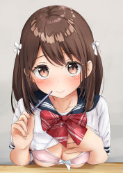 Rule 34 | 1girl, blue sailor collar, blush, bow, bowtie, bra, breasts, brown eyes, brown hair, closed mouth, clothes lift, commentary request, front-tie bra, grey background, hair ribbon, hand on own chest, highres, holding, holding pencil, lifting own clothes, long hair, looking at viewer, medium breasts, miyuki (yxbt7), original, pencil, pink bra, red bow, red bowtie, ribbon, sailor collar, shirt, shirt lift, short sleeves, simple background, sleeve cuffs, smile, solo, striped bow, striped bowtie, striped clothes, striped neckwear, underwear, upper body, white ribbon, white shirt