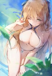 Rule 34 | 1girl, bikini, blue sky, blush, breasts, brown hair, cleavage, closed mouth, day, girls&#039; frontline, gluteal fold, green eyes, hair between eyes, hair ribbon, hair rings, half-closed eye, hand in own hair, hand on leg, hand on own thigh, hand up, imoko (imonatsuki), large breasts, leaning forward, light particles, long hair, looking at viewer, navel, o-ring, o-ring top, official alternate costume, one eye closed, outdoors, palm leaf, ribbon, sidelocks, sky, smile, solo, springfield (girls&#039; frontline), springfield (stirring mermaid) (girls&#039; frontline), stomach, swimsuit, thigh gap, water drop, wet, white bikini