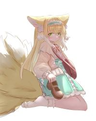 Rule 34 | 1girl, animal ear fluff, animal ears, ark bone, arknights, bag, blonde hair, blue hairband, blue skirt, blush, brown footwear, brown jacket, closed mouth, fox ears, fox girl, fox tail, frilled hairband, frills, green eyes, hair between eyes, hairband, high-waist skirt, holding, holding clothes, holding footwear, holding shoes, jacket, long hair, long sleeves, looking at viewer, multicolored hair, neck ribbon, open clothes, open jacket, puffy long sleeves, puffy sleeves, red ribbon, ribbon, shirt, shoes, unworn shoes, shoulder bag, simple background, sitting, skirt, smile, socks, solo, suzuran (arknights), suzuran (spring praise) (arknights), tail, two-tone hair, very long hair, wariza, white background, white hair, white shirt, white socks