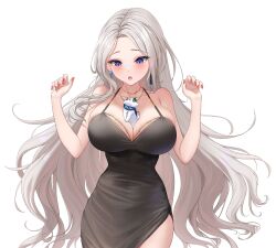 Rule 34 | 1girl, bare shoulders, between breasts, black dress, blush, breasts, collarbone, dress, earrings, elsynien, grey hair, highres, jewelry, large breasts, lee rein, long hair, mole, mole on breast, mole on chest, nail polish, necklace, open mouth, pink nails, purple eyes, second-party source, side slit, virtual youtuber, vlyz