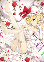Rule 34 | 1girl, ;), ass, bare shoulders, bed sheet, blonde hair, bow, choker, collarbone, crystal, dress, elbow gloves, flan (seeyouflan), flandre scarlet, flower, foot focus, full body, garter straps, gloves, hair between eyes, hair flower, hair ornament, hand up, hat, hat bow, highres, legs up, long hair, looking at viewer, lying, mob cap, no shoes, on back, one eye closed, one side up, panties, petals, pillow, red bow, red eyes, red flower, red rose, ribbon, ribbon choker, rose, rose petals, smile, solo, strapless, strapless dress, thighhighs, thighs, touhou, underwear, white bow, white choker, white dress, white flower, white gloves, white hat, white panties, white ribbon, white rose, white thighhighs, wings