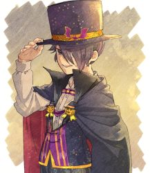 Rule 34 | 1boy, adjusting clothes, adjusting headwear, alternate costume, bad id, bad pixiv id, bat hair ornament, black cape, black hair, black hat, black pants, black vest, bow, bowtie, cape, commentary, cowboy shot, hair ornament, hair over one eye, halloween, hat, highres, kurotou (miccfco), male focus, pants, pumpkin, purple bow, purple bowtie, purple eyes, ray (yakusoku no neverland), simple background, solo, top hat, vest, yakusoku no neverland, yellow background, yellow bow, yellow bowtie