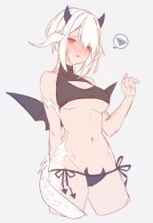 Rule 34 | 1girl, arm up, bat wings, bikini, black bikini, blush, breasts, cleavage cutout, clothing cutout, crop top, demon horns, dragon girl, dragon horns, dragon tail, grey background, horns, looking at viewer, medium breasts, motsuni (lxxe1120), navel, open mouth, original, red eyes, scales, short hair, side-tie bikini bottom, simple background, solo, speech bubble, standing, swimsuit, tail, underboob, upper body, white hair, wings