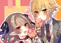Rule 34 | 1boy, 1girl, :d, black bow, blazer, blonde hair, blue nails, blue sailor collar, blush, bow, brown eyes, brown hair, brown neckwear, collar, collarbone, collared shirt, fang, food, grey jacket, hair between eyes, hair bow, holding, holding food, ice cream, ice cream cone, jacket, licking, looking at viewer, makaino ririmu, multicolored hair, nail polish, necktie, nijisanji, notice lines, open mouth, outline, pink hair, pointy ears, red collar, sailor collar, school uniform, shikino yuki, shirt, smile, tongue, tongue out, two-tone hair, two side up, upper body, uzuki kou, virtual youtuber, white outline, white shirt