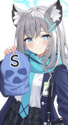 Rule 34 | 1girl, absurdres, animal ear fluff, animal ears, bag, balaclava, blazer, blue archive, blue eyes, blue necktie, blue scarf, blush, collared shirt, commentary request, cross hair ornament, grey hair, hair between eyes, hair ornament, halo, highres, holding, holding mask, id card, jacket, long sleeves, looking at viewer, mask, medium hair, mismatched pupils, nashi (nashipple1), necktie, plaid, plaid skirt, pleated skirt, scarf, school bag, school uniform, shiroko (blue archive), shirt, shoulder bag, sidelocks, simple background, skirt, smile, solo, white background, wolf ears, wolf girl