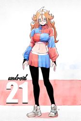 Rule 34 | 1girl, adapted costume, alternate costume, android 21, black pantyhose, blue eyes, blue shirt, blue skirt, brown hair, character name, crop top, curly hair, dragon ball, dragon ball fighterz, earrings, full body, glasses, highres, inktober, jewelry, long hair, long sleeves, looking at viewer, midriff, multicolored clothes, multicolored shirt, multicolored skirt, mynare, navel, nike (company), pantyhose, parted lips, puffy long sleeves, puffy sleeves, red shirt, red skirt, ring, shadow, shirt, shoes, skirt, sneakers, solo, standing, traditional media, white footwear
