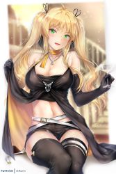 Rule 34 | 1girl, alternate costume, azur lane, bandeau, bare shoulders, black gloves, black ribbon, black shorts, black thighhighs, blonde hair, blush, breasts, cleavage, clothes lift, commission, dress, dress lift, elbow gloves, gloves, green eyes, hair ribbon, halterneck, hornet (azur lane), hornet (bubbly anniversary!) (azur lane), jewelry, large breasts, lifted by self, long hair, looking at viewer, navel, necklace, open mouth, rei kun, ribbon, shiny skin, short shorts, shorts, signature, sitting, smile, solo, thighhighs, twintails, very long hair