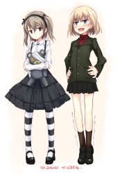 Rule 34 | 10s, 2016, 2girls, bandages, black dress, black skirt, black socks, black thighhighs, blonde hair, blouse, blue eyes, blush, boko (girls und panzer), brown eyes, brown hair, copyright name, dated, dress, fang, frilled dress, frills, full body, girls und panzer, hair ribbon, hairband, hands on own hips, height conscious, height difference, highres, holding, jacket, katyusha (girls und panzer), loafers, long hair, long sleeves, looking at another, mary janes, miniskirt, multiple girls, open mouth, pantyhose, pleated skirt, ribbon, sasakawa arumi, school uniform, shimada arisu, shirt, shoes, short hair, side ponytail, simple background, skirt, smile, socks, standing, striped clothes, striped legwear, striped thighhighs, stuffed animal, stuffed toy, sweatdrop, teddy bear, thigh gap, thighhighs, tiptoes, trembling, turtleneck, white background, white shirt