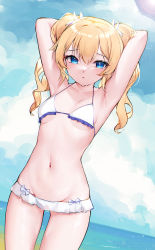 Rule 34 | 1girl, armpits, arms up, barbara (genshin impact), beach, bikini, blonde hair, blue eyes, blue sky, breasts, cloud, commentary request, cowboy shot, day, genshin impact, groin, highres, long hair, looking at viewer, navel, ocean, outdoors, sky, small breasts, solo, standing, stomach, swimsuit, thighs, twintails, white bikini, wo chi xiangjiao pi