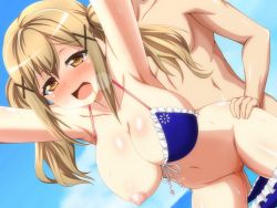 Rule 34 | 1boy, 1girl, armpits, ass grab, bang dream!, bikini, bikini pull, blonde hair, blue bikini, blush, breasts, censored, clothes pull, cloud, doggystyle, drooling, hair ornament, hetero, ichigaya arisa, implied sex, large breasts, long hair, navel, nipples, one breast out, open mouth, panties, panty pull, sex, sex from behind, shiny skin, stomach, swimsuit, symbol-shaped pupils, twintails, underwear, water, wet, x hair ornament, yamiochi umekichi, yellow eyes